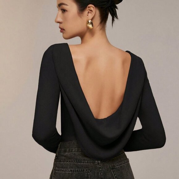Black Casual Women's Backless Collar Long Sleeve Elegant Bodysuit - Picture 5 of 7